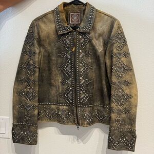 Double D Ranch Studded Leather Jacket  Western Boho Moto Zip EUC Biker Women’s S